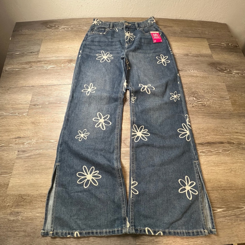Justice Wide Leg Jeans Girls 16 Blue Daisy Floral Print Side Slit High Rise